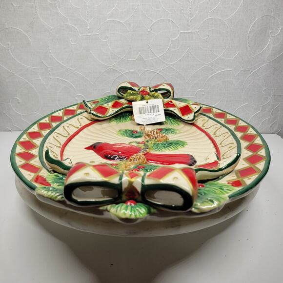 Cracker Barrel Plaid Tidings 3D Cardinal Platter Ceramic Holiday Serving Tray - Picture 11 of 14